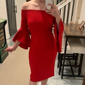 Stunning red off the shoulder midi dress with flare sleeves. Showstopper!!